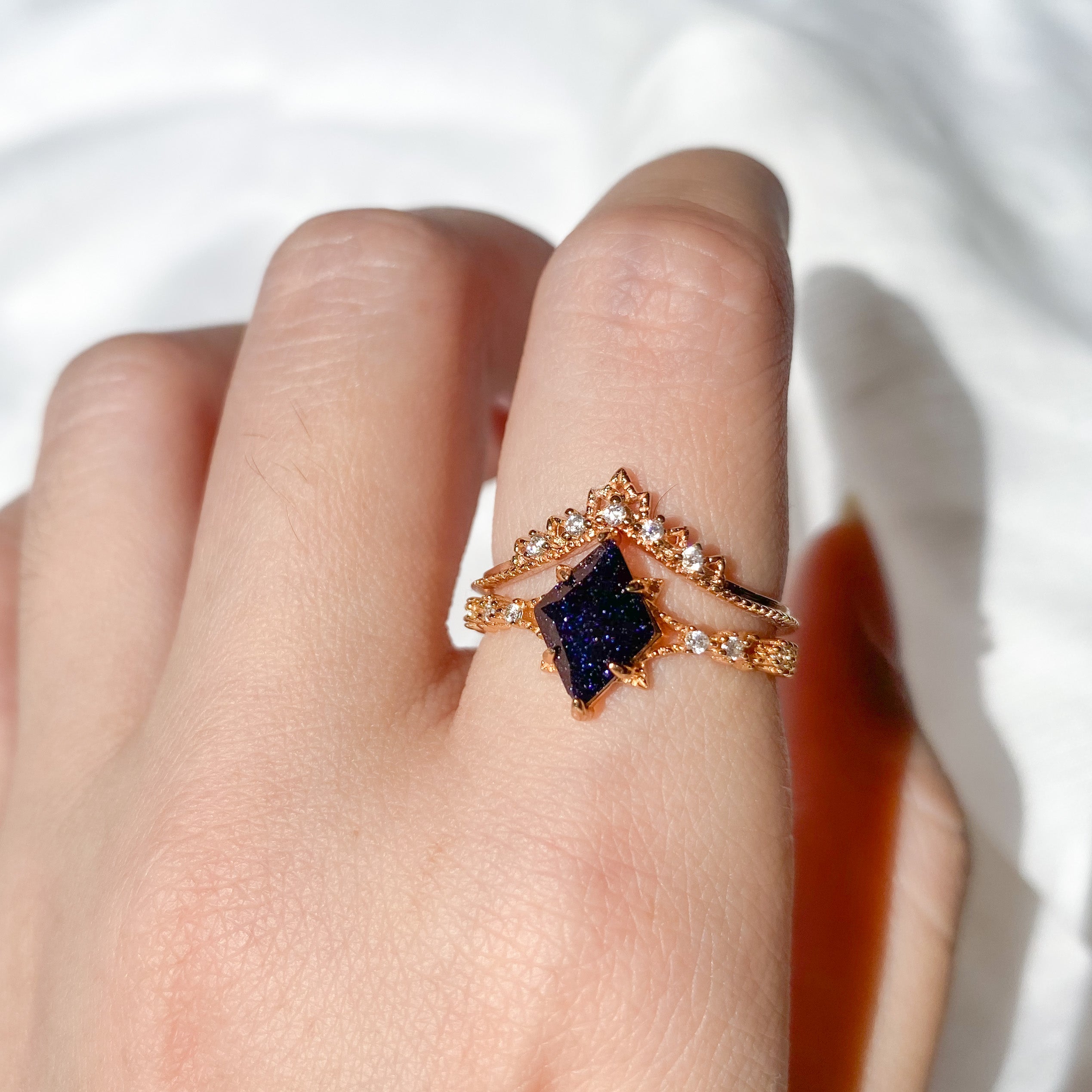 Mystic - Dark Blue Sandstone Galaxy Gold Plated Ring Set of 2