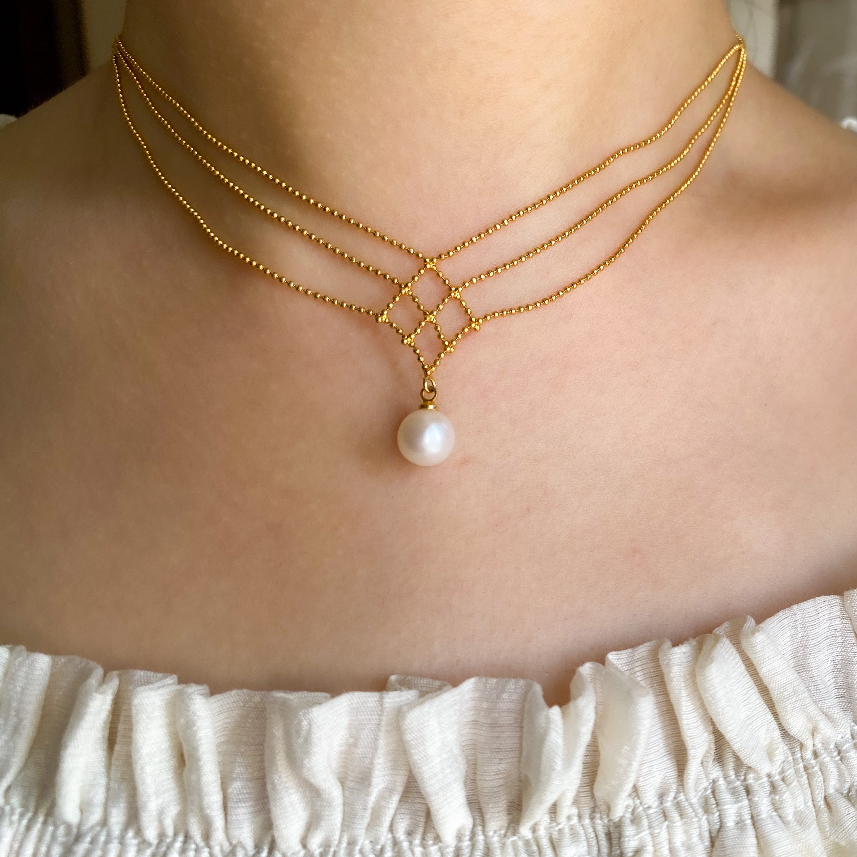 Cordelia - Vintage 14K Gold Plated 3-layer Lace Pearl Collarbone Necklace